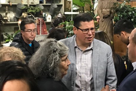 Assemblymember Rudy Salas talks to supporters at a celebration sponsored by the Kings County Jimmy Carter Club. The event was held at Porches, a Hanford business.